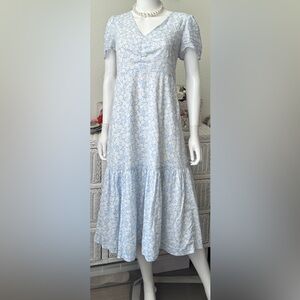 Madewell 45% Cotton Blend Ruffled Midi Dress in Light Blue Fleur Field Size 8
